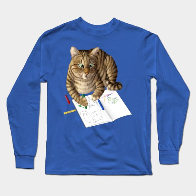 Coloring cat. Tabby cat with coloring book Long Sleeve T-Shirt by Mehu Art